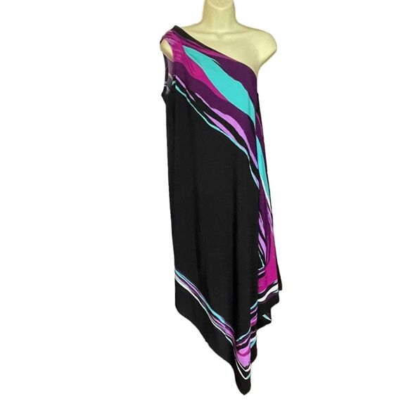 Cynthia Rowley Black Purple Turquoise One Shoulder Handkerchief Dress, size 12 - Picture 1 of 7
